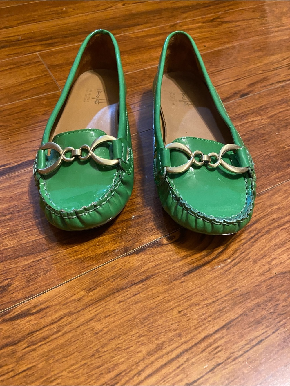Franco Sarto Green Patent Leather Loafers with Gold Hardware